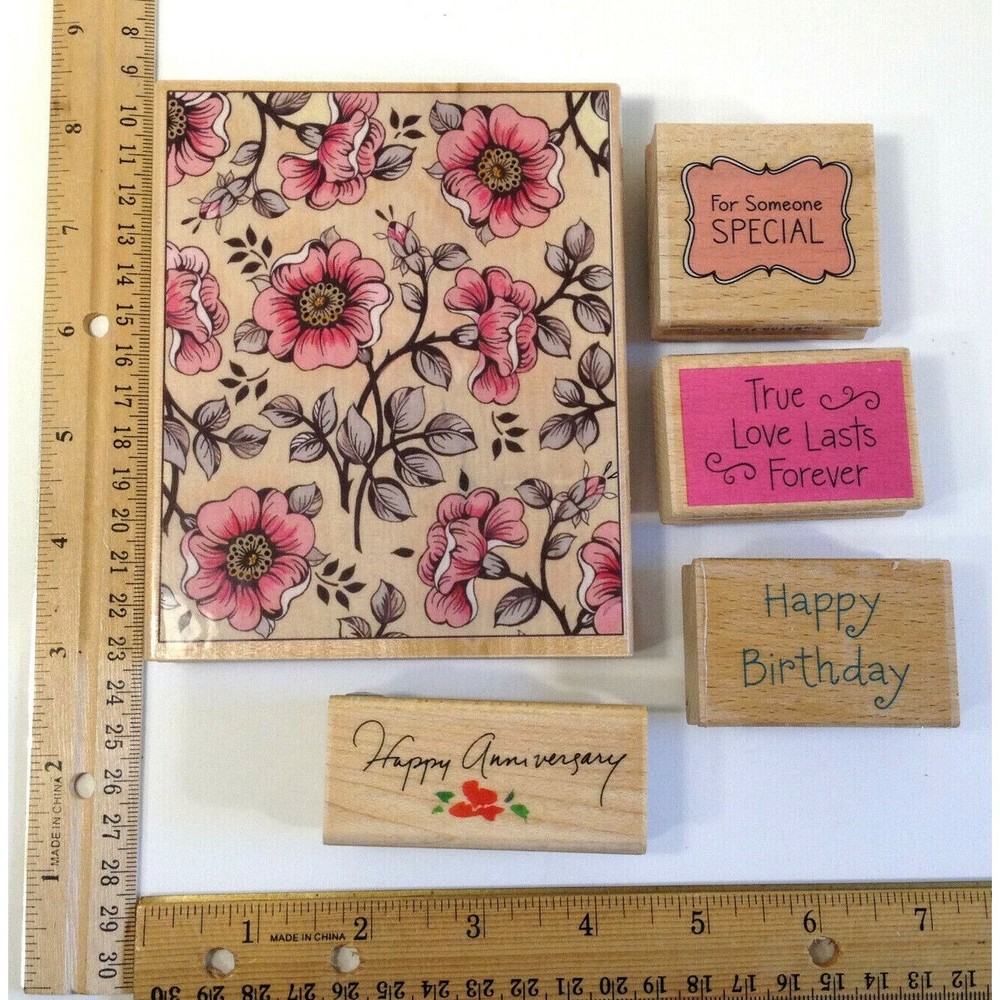 Wood Mount Rubber Stamp Set 5 Tags Flowers Birthday Love Anniversary and More